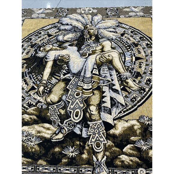 Tlaxcala Textiles Mayan Warrior Princess Blanket Yellow/Black 85 1/2” X 81” In. - Picture 2 of 10